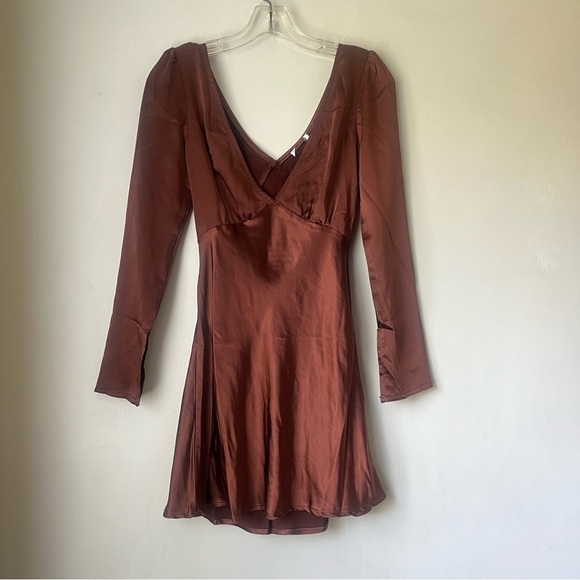 Princess Polly Nellie Chocolate Brown Satin Long Sleeve Mini Dress 0 - Picture 6 of 10